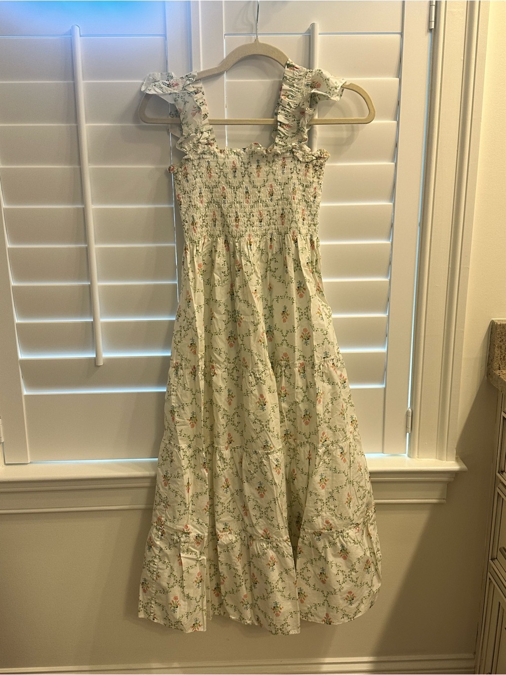 Hill House Floral Midi Dress in Cream with Pink and Green Accents